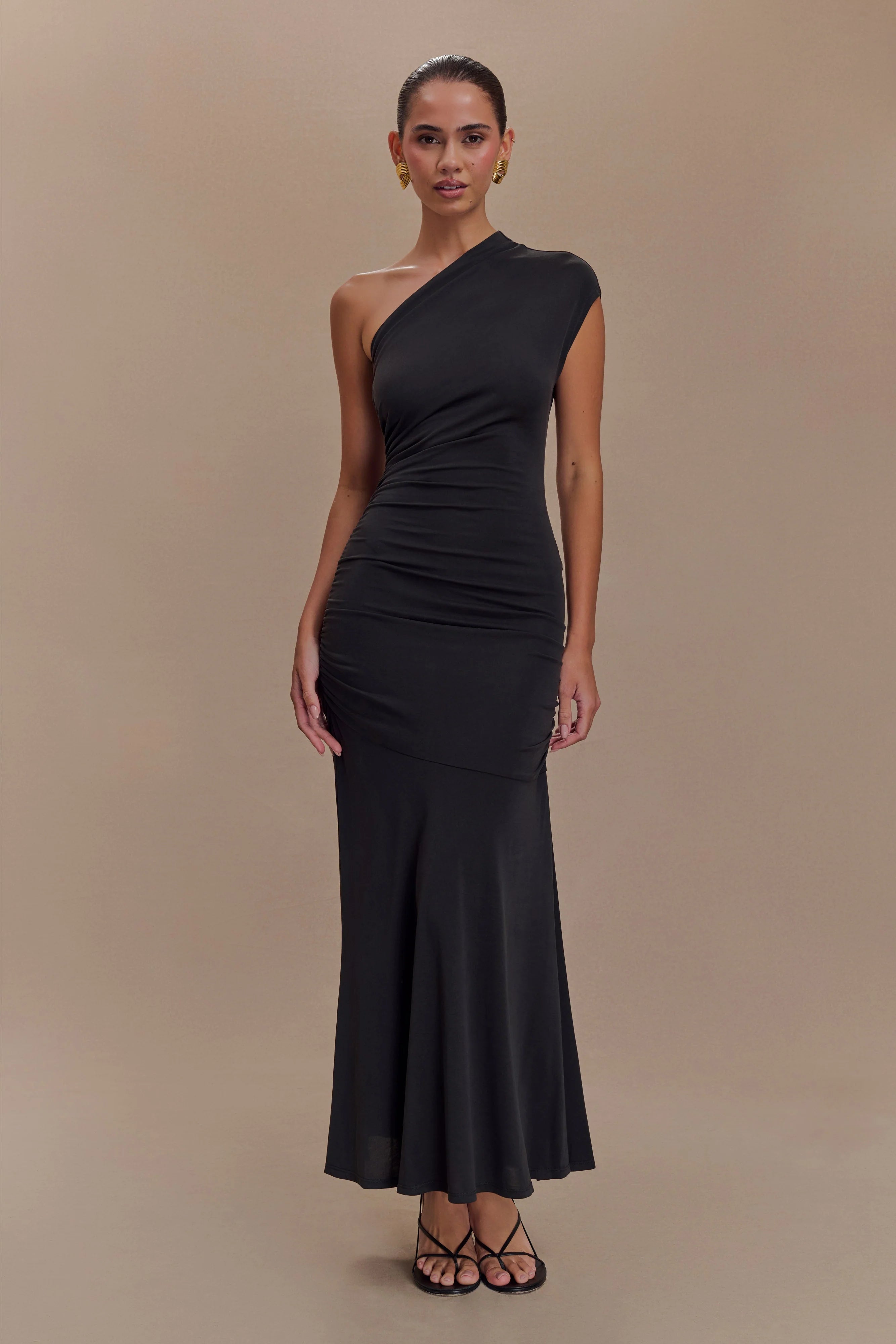 Chloe Peached Jersey One Shoulder Midi Dress Black