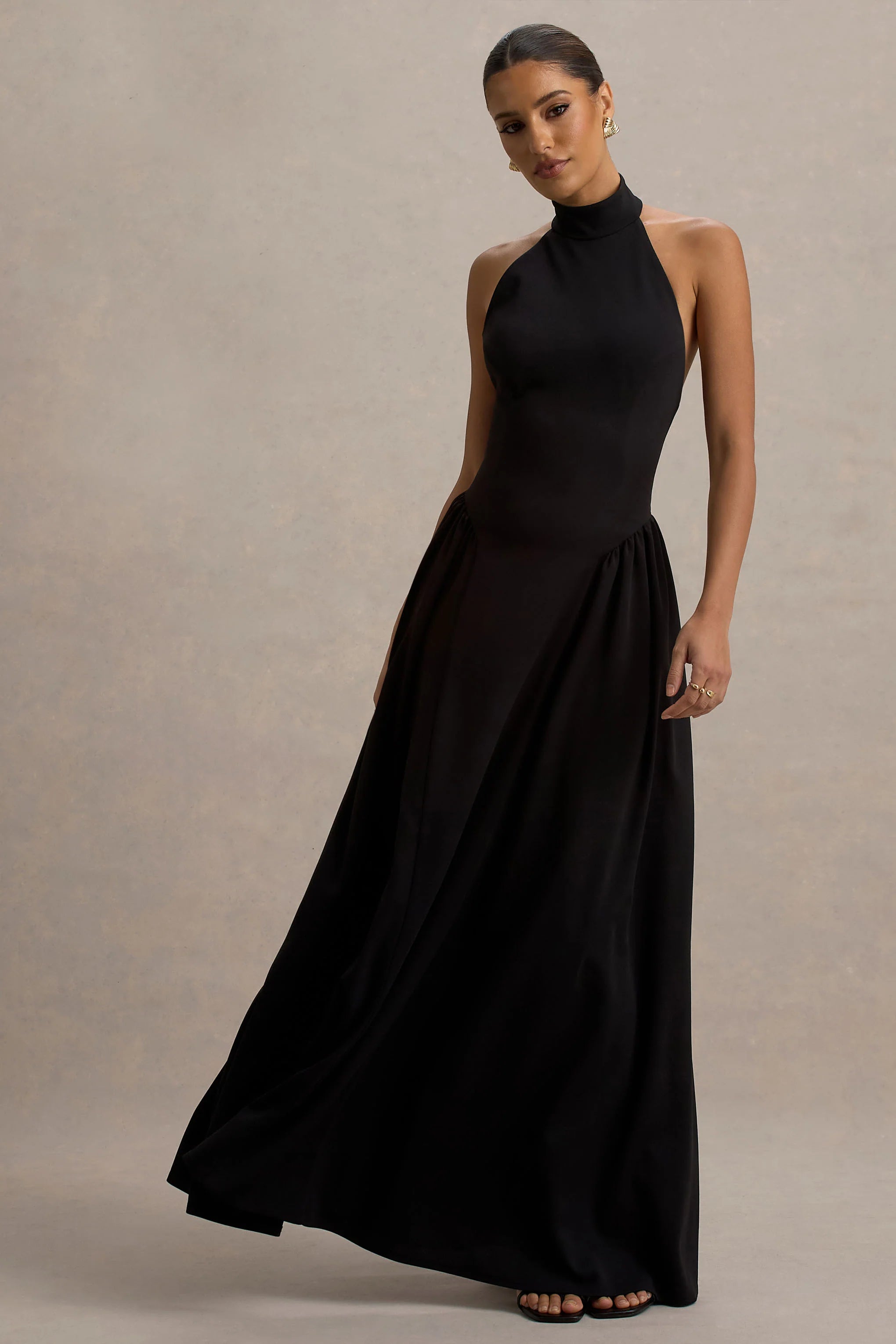 Cynthia Black High Neck Maxi Dress With Volume Skirt