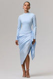 Raffie Powder Blue Long Sleeve Midi Dress With Satin Wrap Skirt