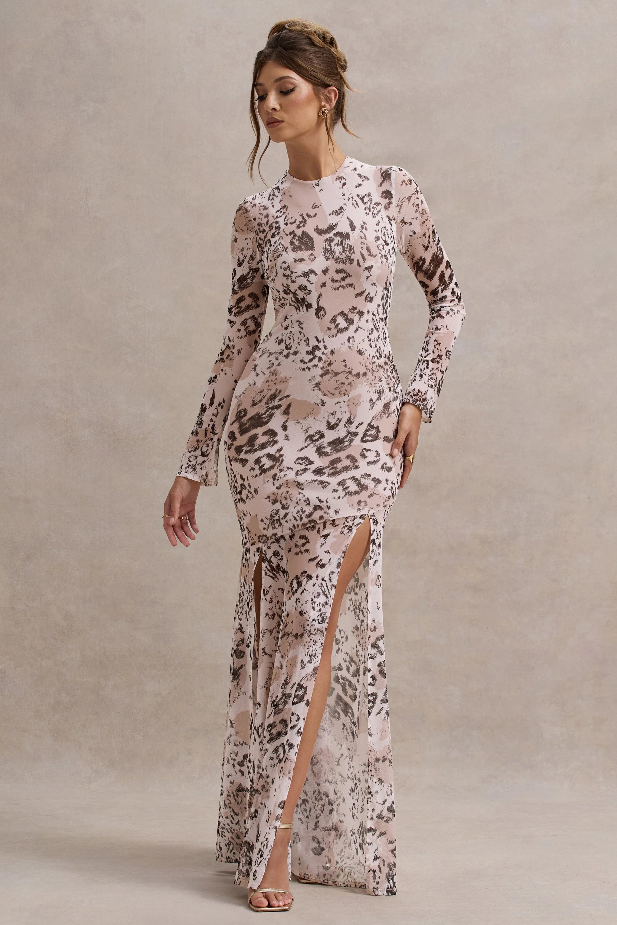 Tigerlily Leopard Print Mesh Long Sleeve Open Back Maxi Dress