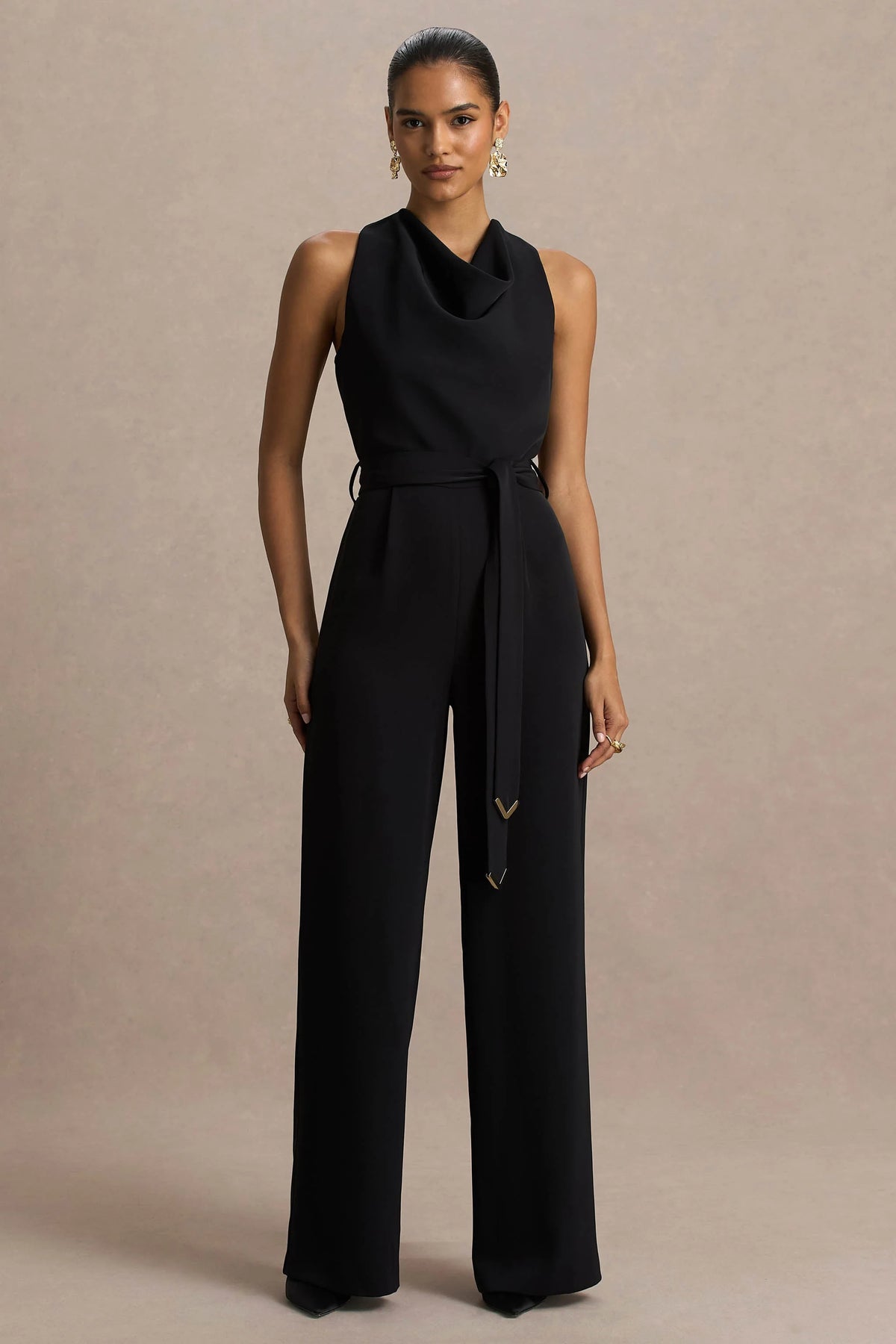 Corina Black Cowl Neck Jumpsuit With Tie Detail