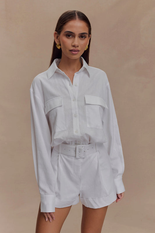 Adia Linen Belted Playsuit - White