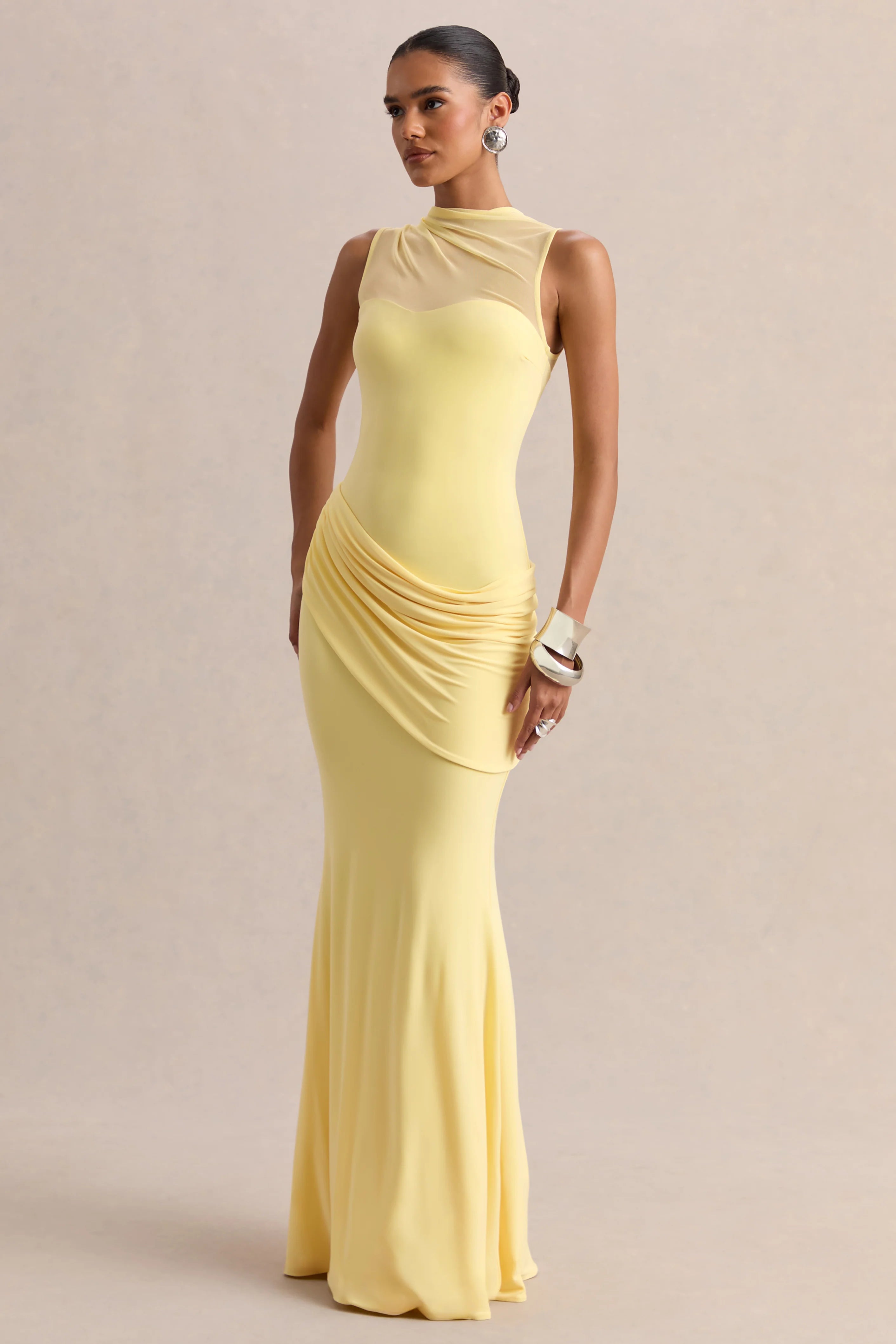 Lyssy Lemon High Neck Maxi Dress With Mesh Detail