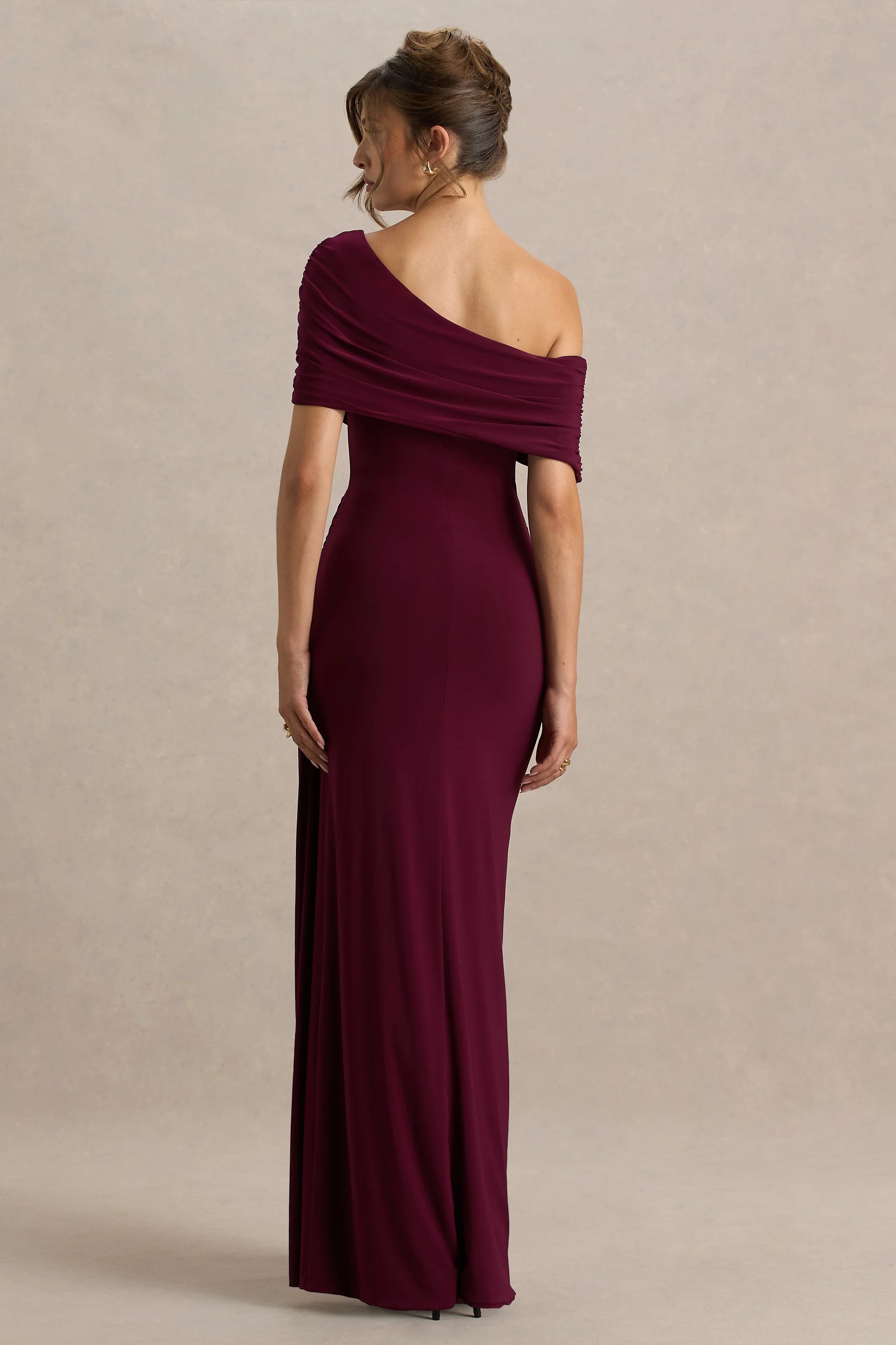 Dynasty Burgundy Asymmetric Neck Maxi Dress With Ruched Detailing And Front High Split
