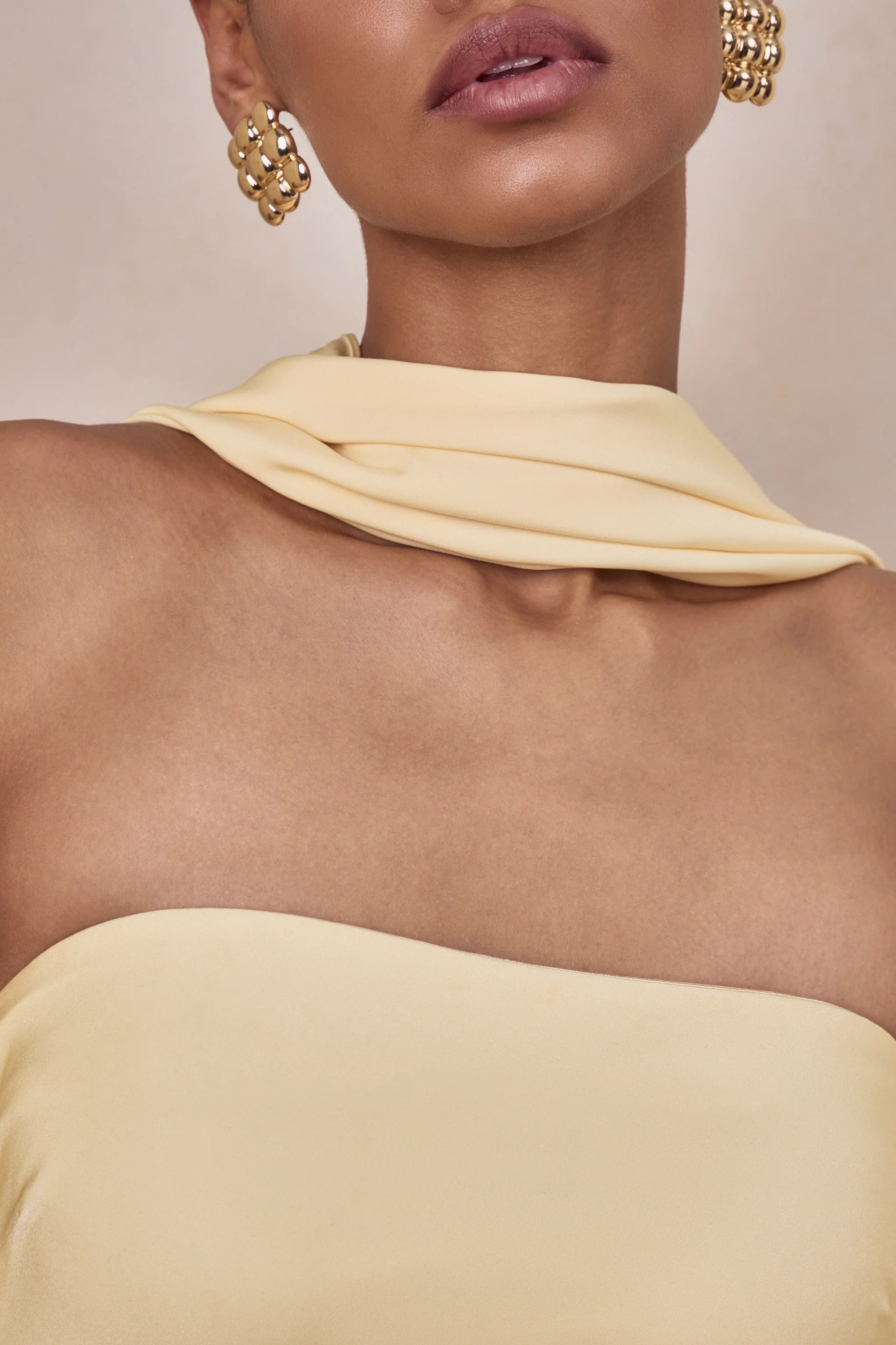 Charly Lemon Matte Satin Bandeau Maxi Dress With Scarf Detail
