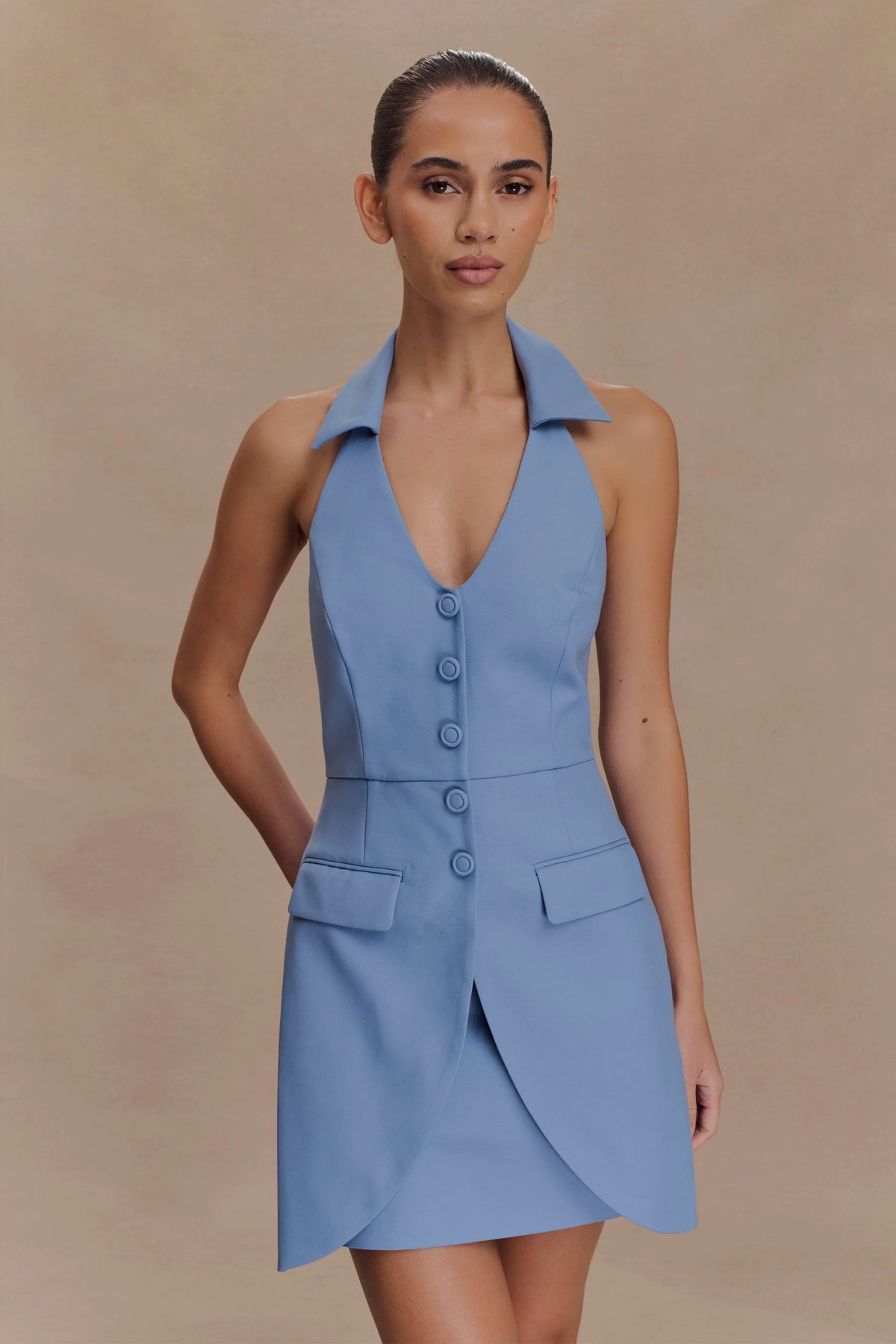 Ruth Cotton Halter Mini Dress Ocean Blue