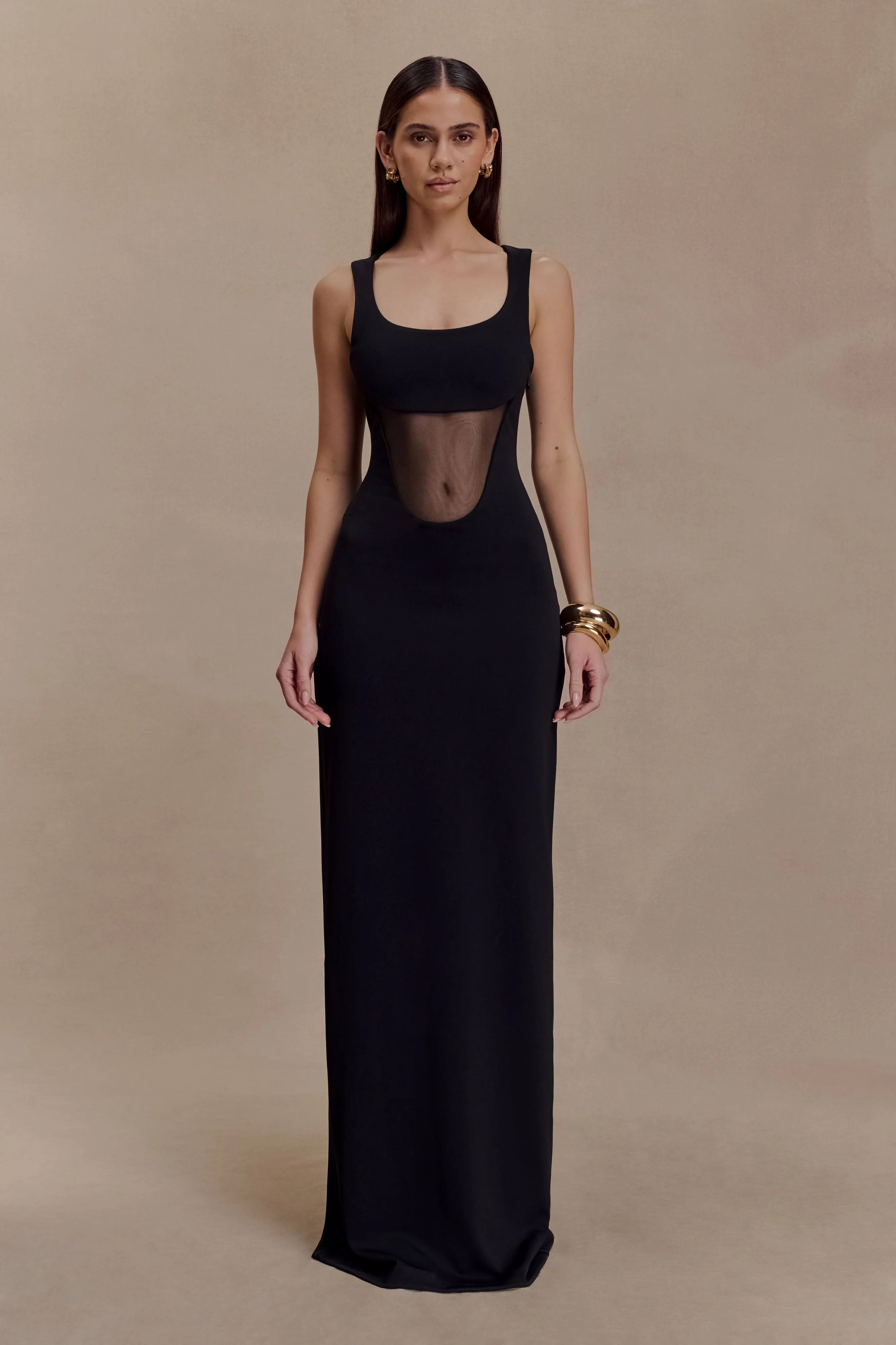 Marlon Crepe And Mesh Maxi Dress Black