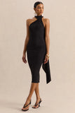Devinae Black Asymmetric Neck Midi Dress With Open Back And Scarf Detail