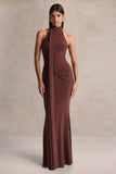 Hyla Brown High Neck Maxi Dress With Sash Detail