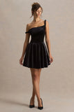 Leticia Black Asymmetric Neck Velvet Mini Dress With Twist Sleeve