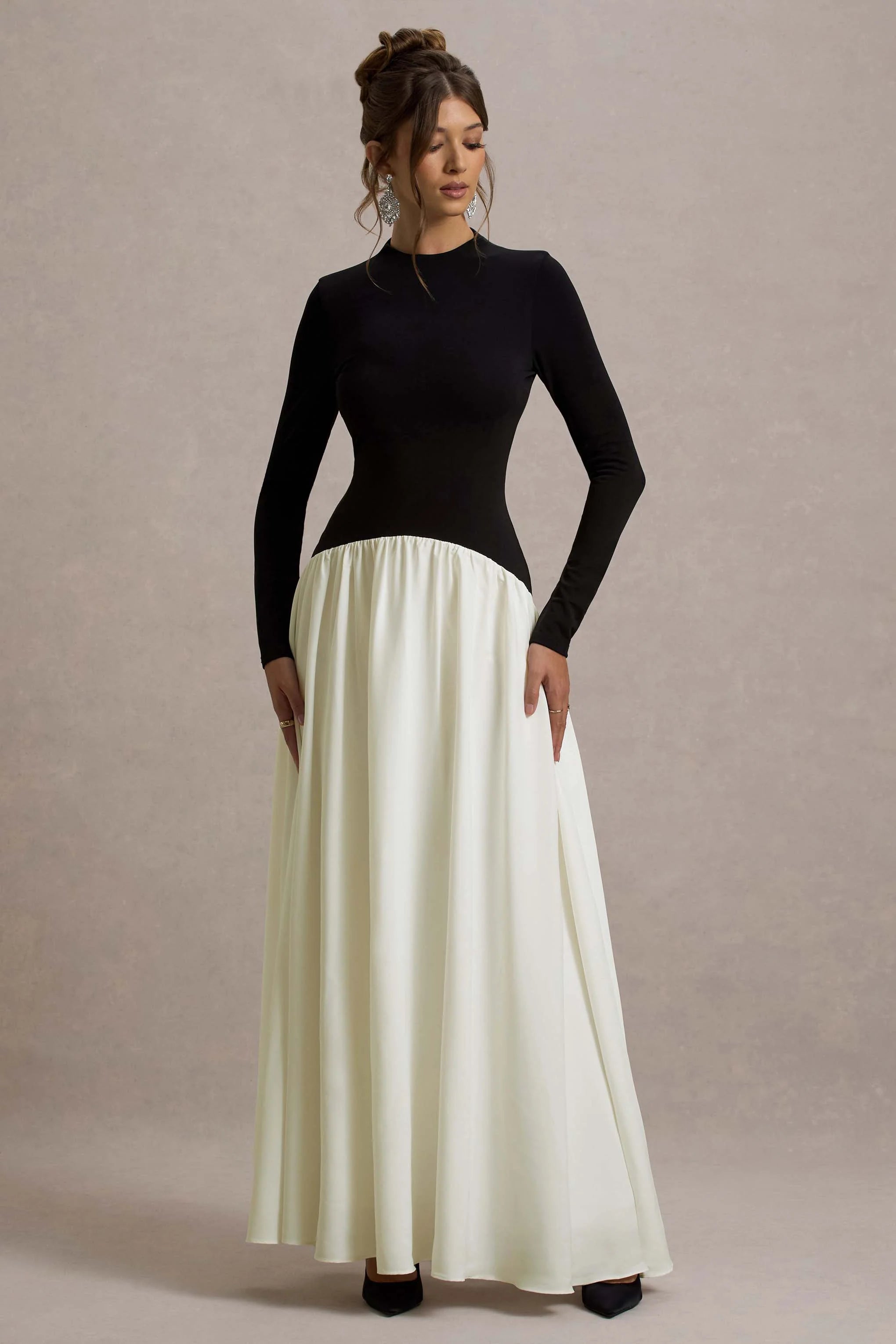 Benedetta Black Cream Long Sleeve Drop Waist Maxi Dress
