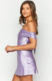 Primrose Purple Satin Off the Shoulder Mini Dress
