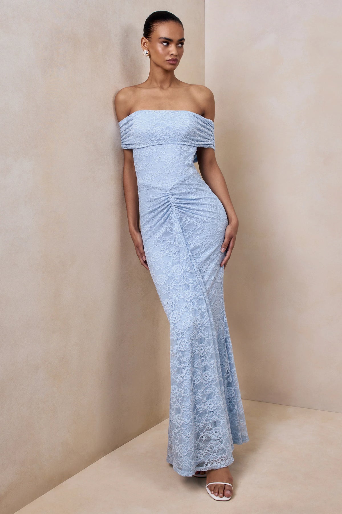 Elinor Powder Blue Lace Bardot Neck Maxi Dress With Gathered Detailing