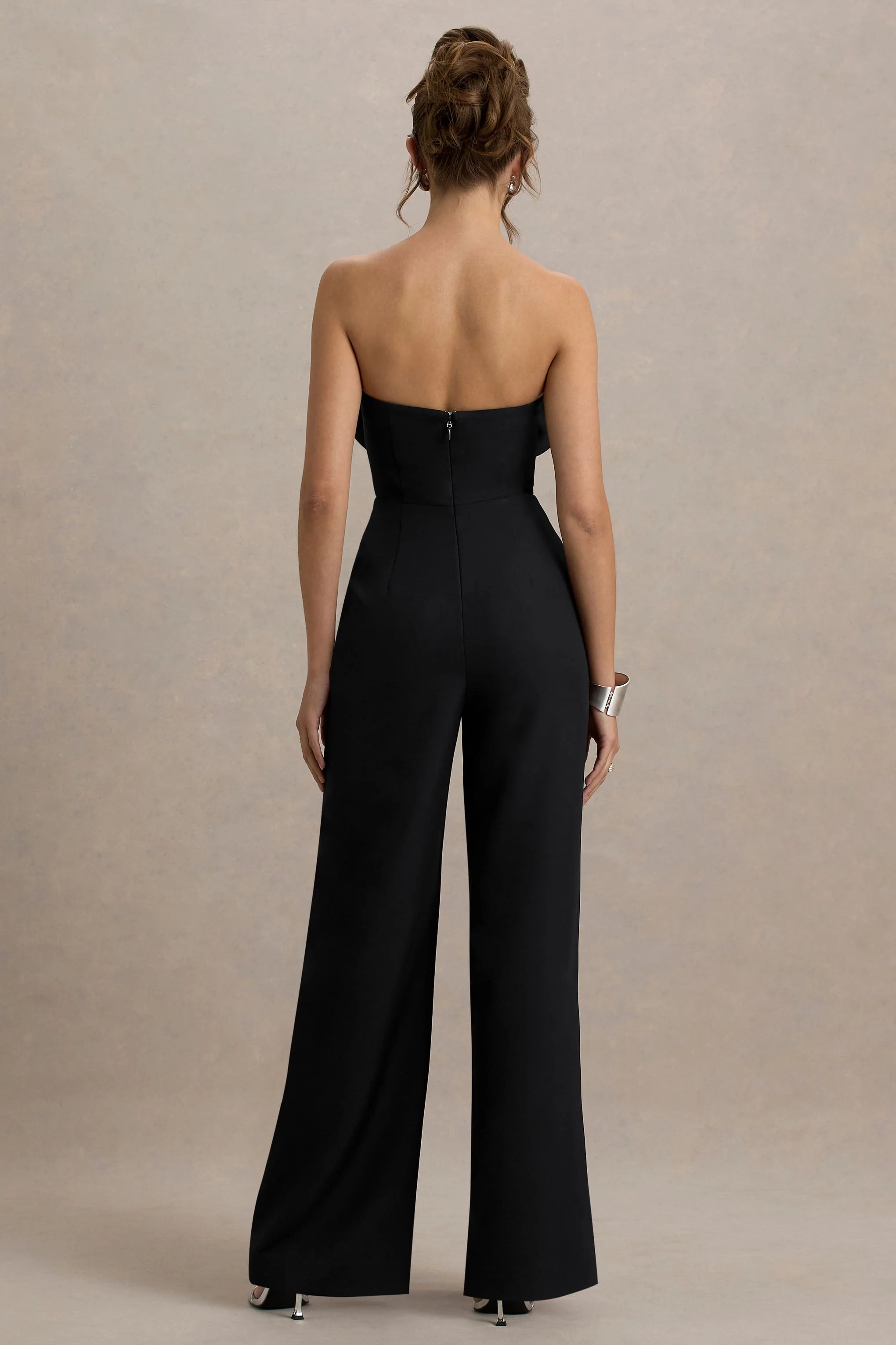 Opia Black Bandeau Wide Leg Jumpsuit With Large Floral Corsage