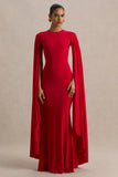 Briony Red Crew Neck Maxi Dress With Cape Sleeves