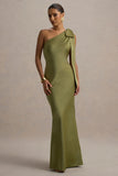 Here For Love Khaki Satin Asymmetric Maxi Dress With Bow