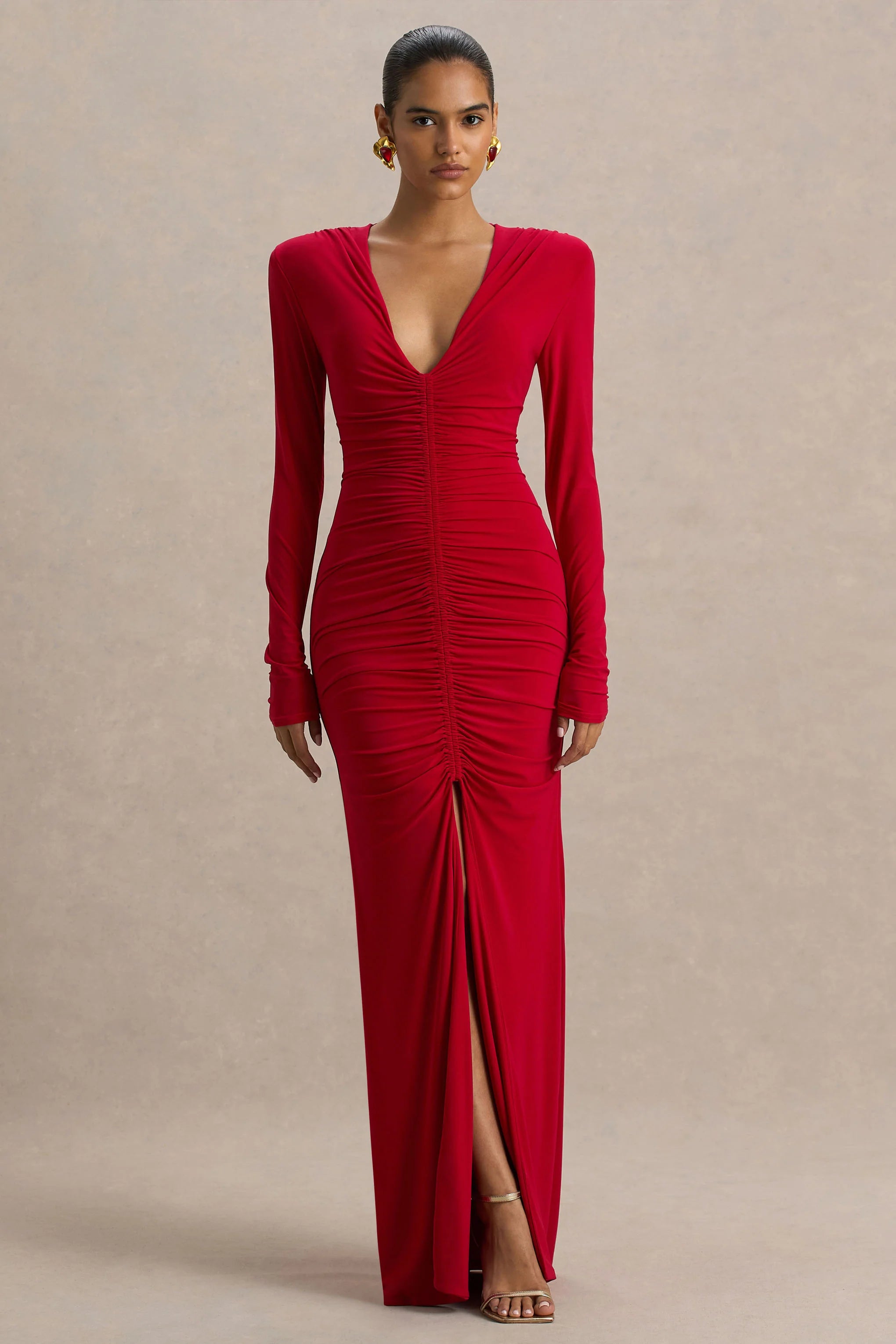 Jewel Red Plunge Neck Maxi Dress With Front Split and Ruched Detailing