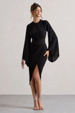 Lennox Black Drape Sleeve Gathered Midi Dress