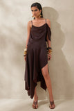 Helira Brown Asymmetric Midi Dress With Draping Detailing and Open Back