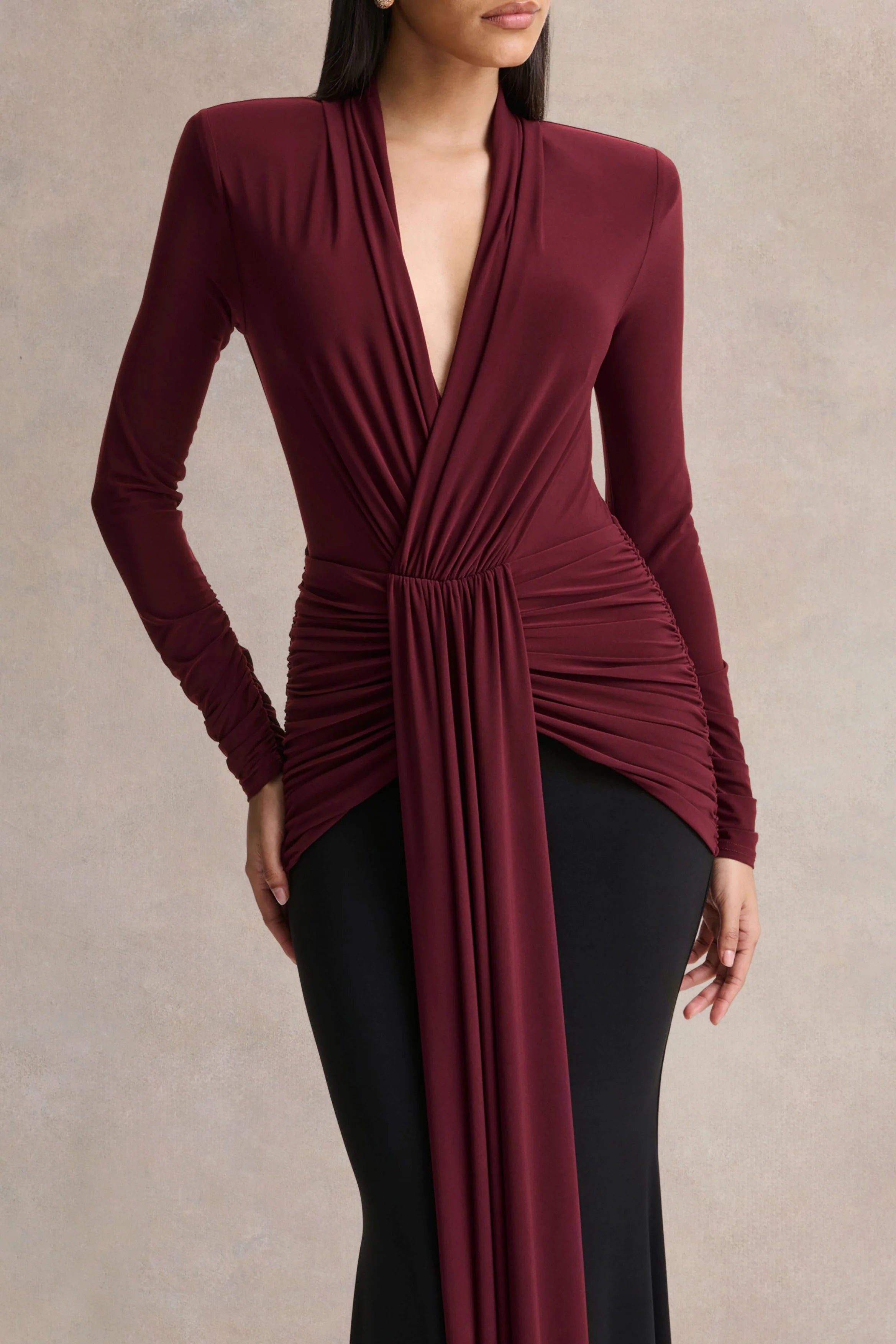 Halston Burgundy And Black Plunge Neck Maxi Dress With Gathered Detailing