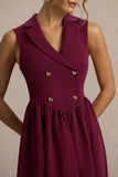 Lisa Burgundy Plunge Neck Tailored Midi Dress With Button Detailing