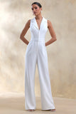 Brillora White Plunge Neck Tailored Jumpsuit