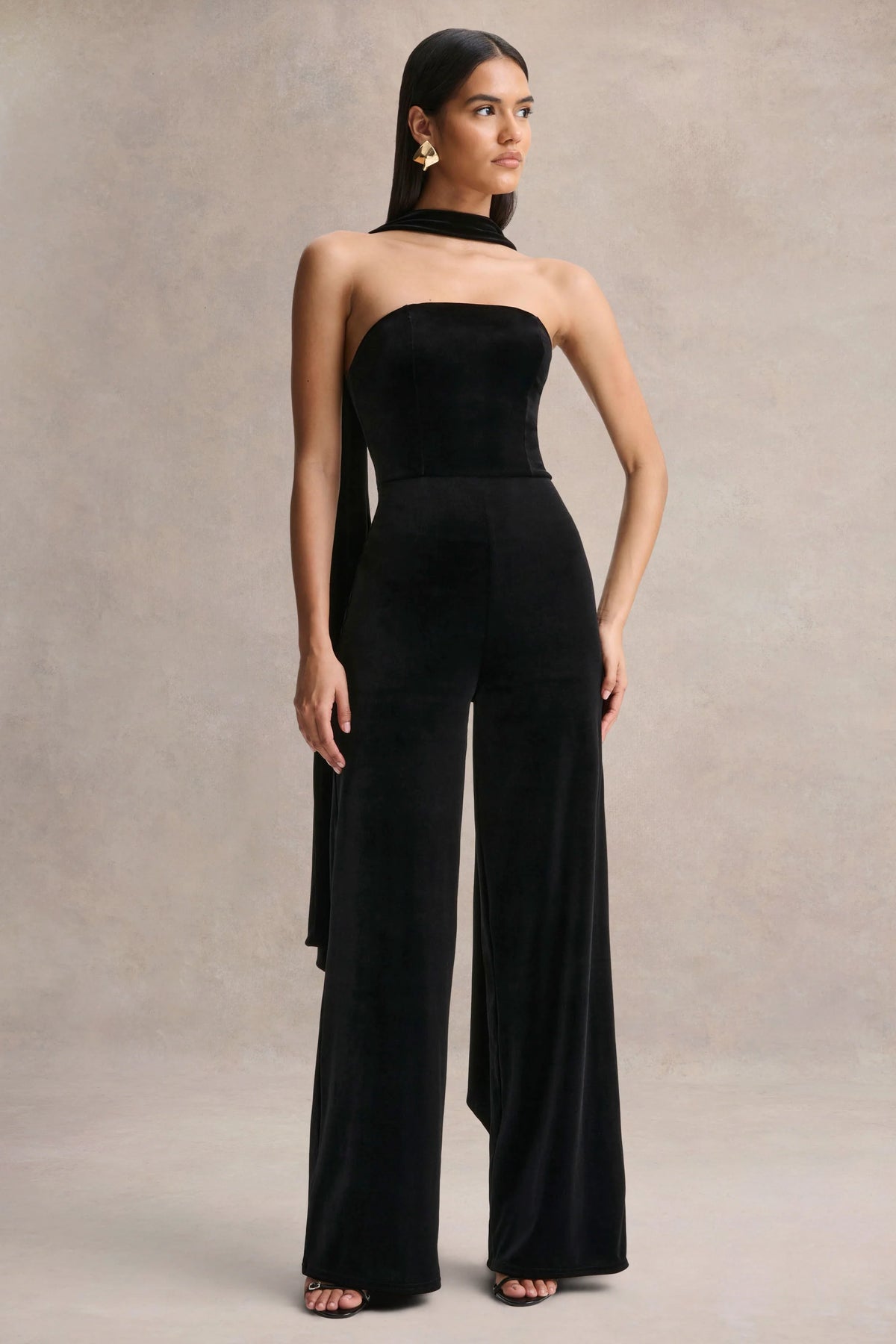 Arcane Black Velvet Bandeau Jumpsuit With Scarf