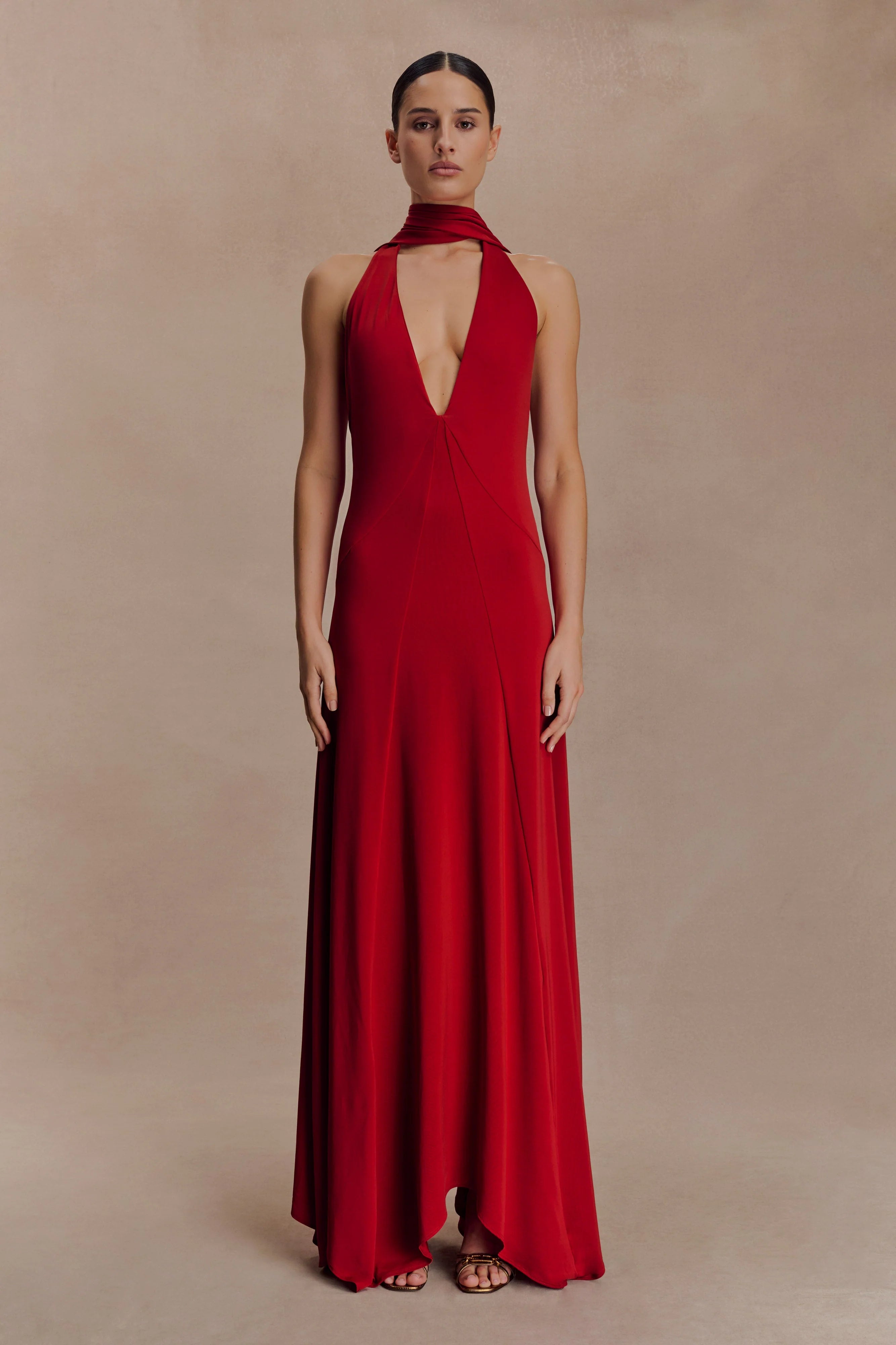 Juliet Slinky Maxi Dress With Scarf Ruby