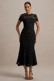 Clarissa Black Lace Short Sleeve Midi Dress