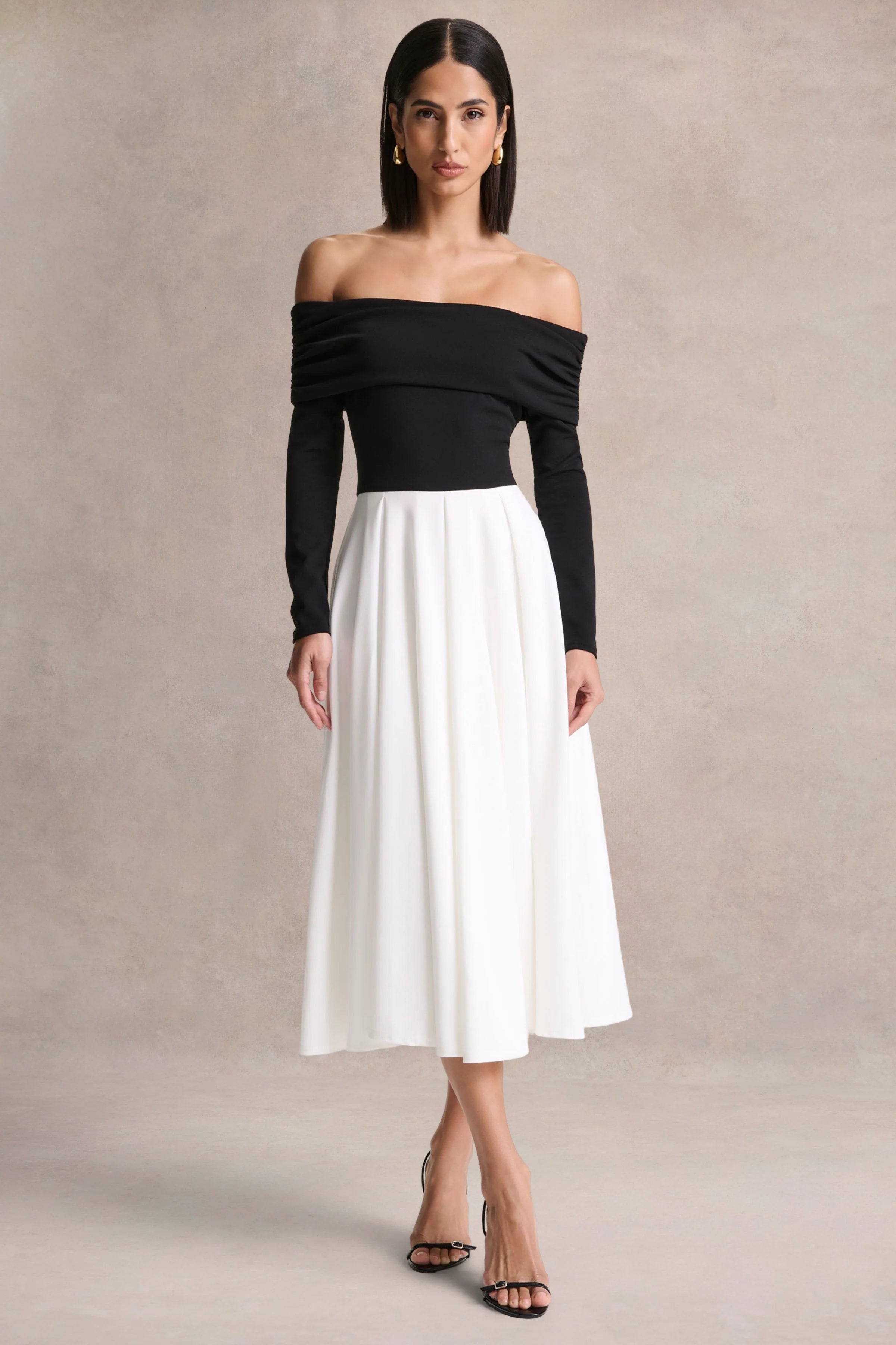 Frederica Black And White Bardot Neck Midi Dress