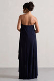 Upon A Time Navy Ruched Bandeau Midi Dress With Cape