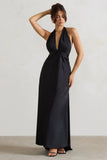 Carolyn Black Satin Plunge Maxi Dress With Dipped Hem
