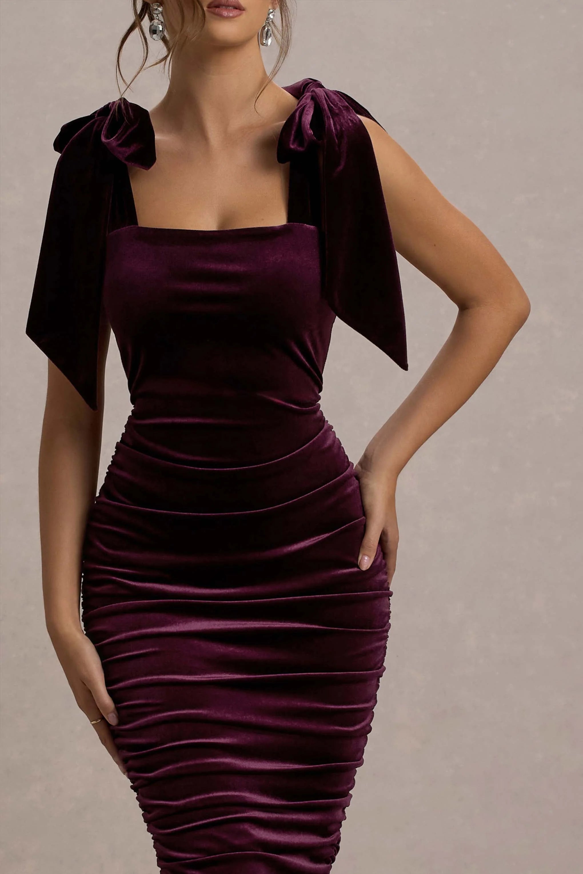 Tarna Port Velvet Midi Dress With Bow Straps