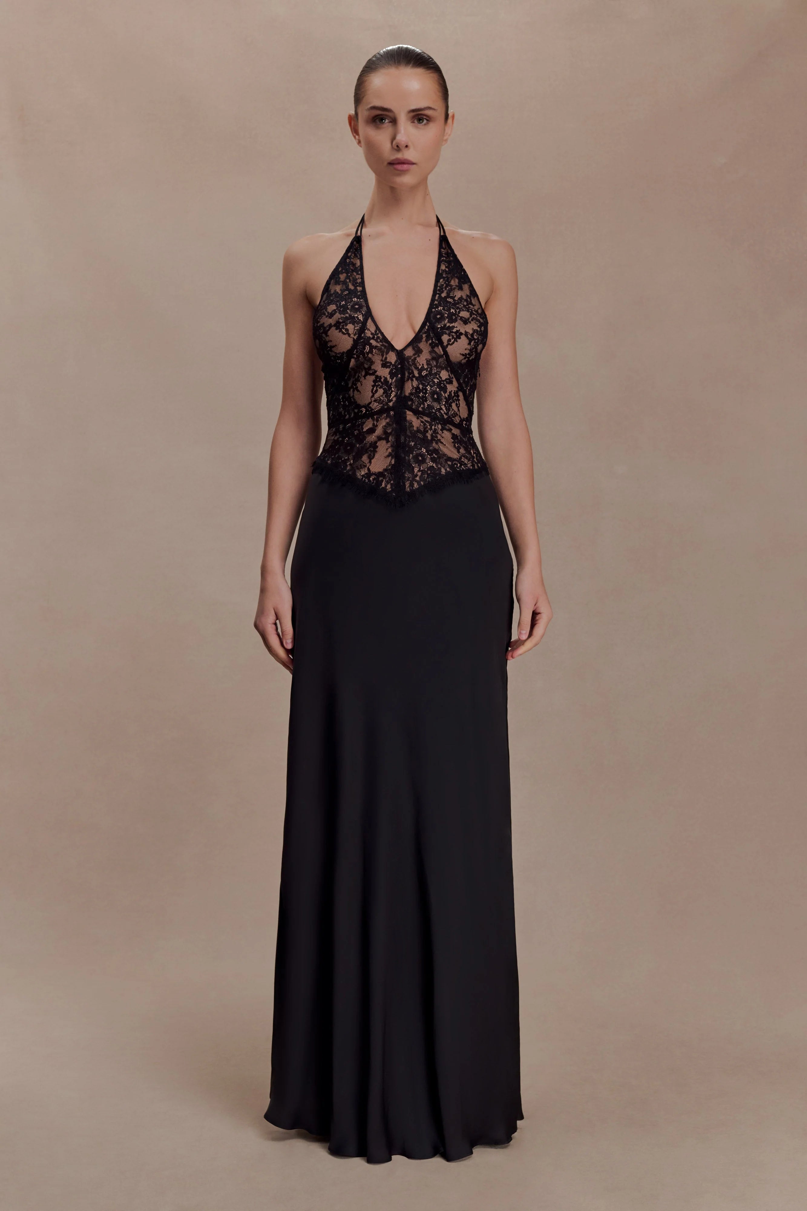 Sascha Lace And Satin Halter Maxi Dress Black