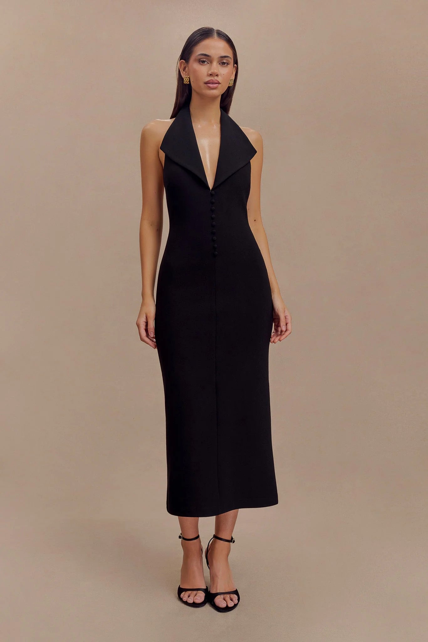 Annita Crepe Halter Midi Dress Black