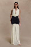 Hailee Slinky And Mesh Halter Maxi Dress Black White