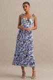 Peyton Purple Lily Print Satin Sweetheart Neck Midi Dress With Pleated Details