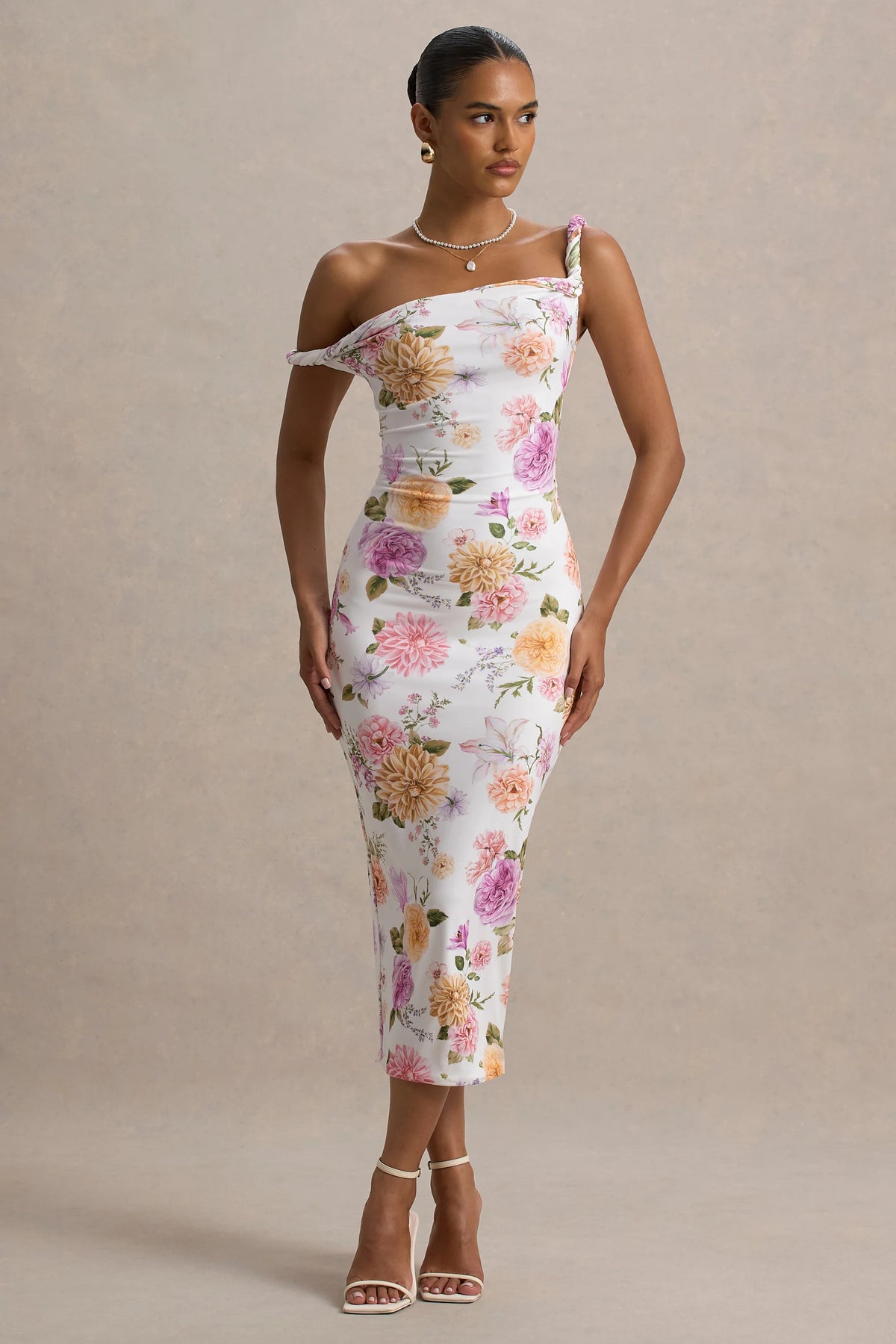 Nora Peach And Lilac Floral Twisted Asymmetric Midi Dress