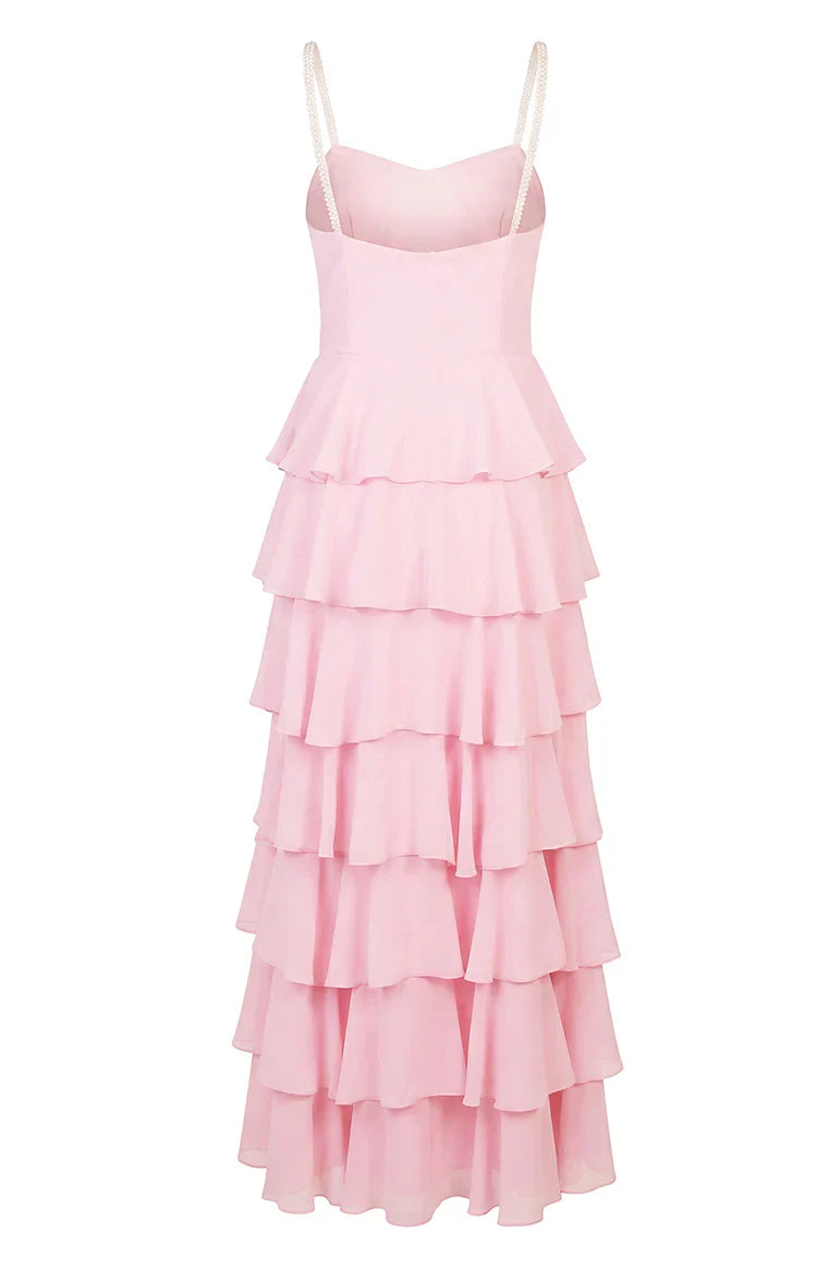 Felicity Pink Pearl Strap Ruffle Maxi Dress PRE ORDER