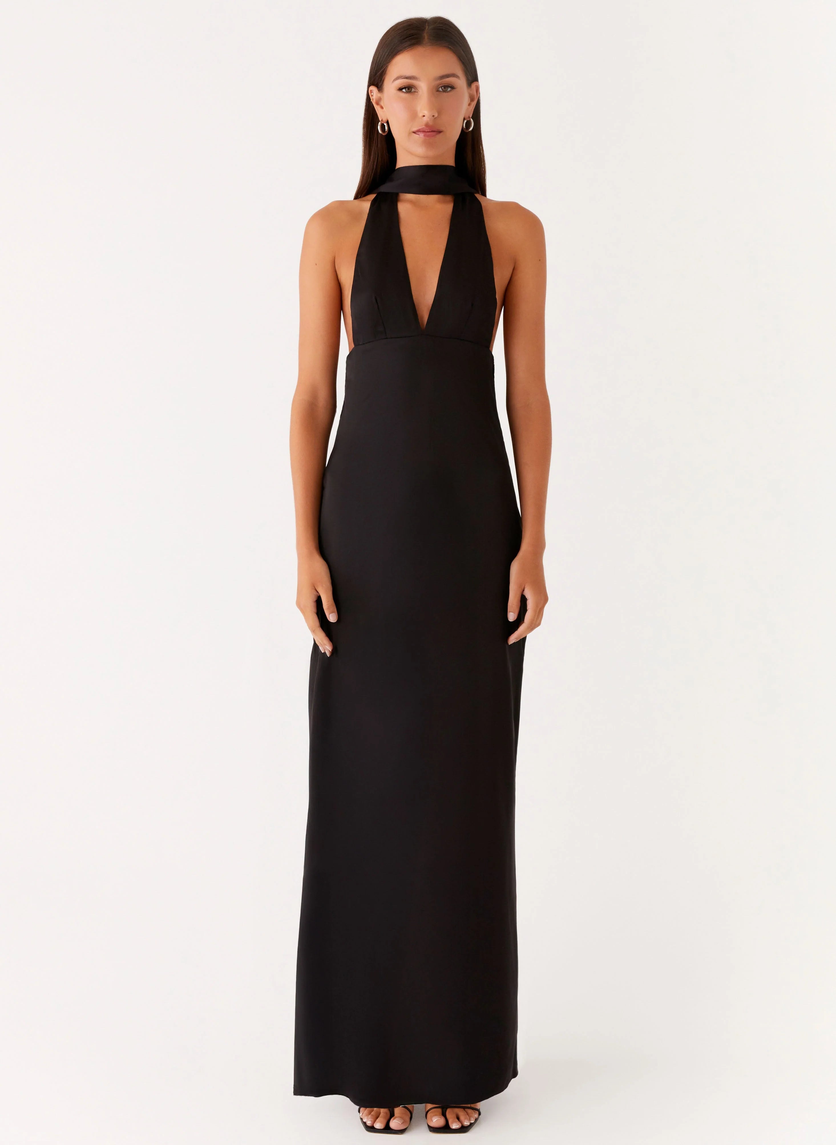 Alicia Satin Halter Maxi Dress Black