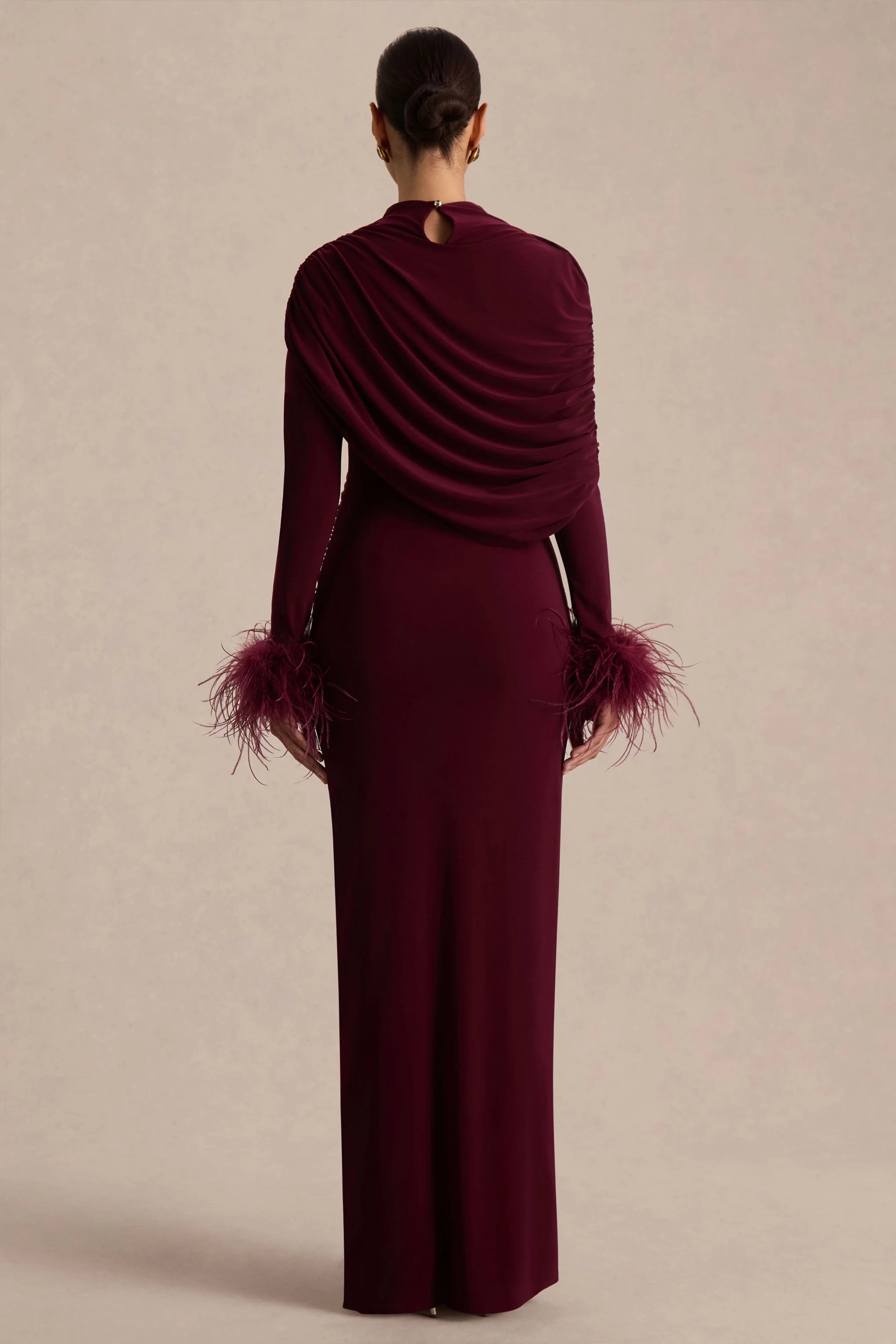 Gatsby Burgundy High Neck Maxi Dress With Feather Trim Cuffs