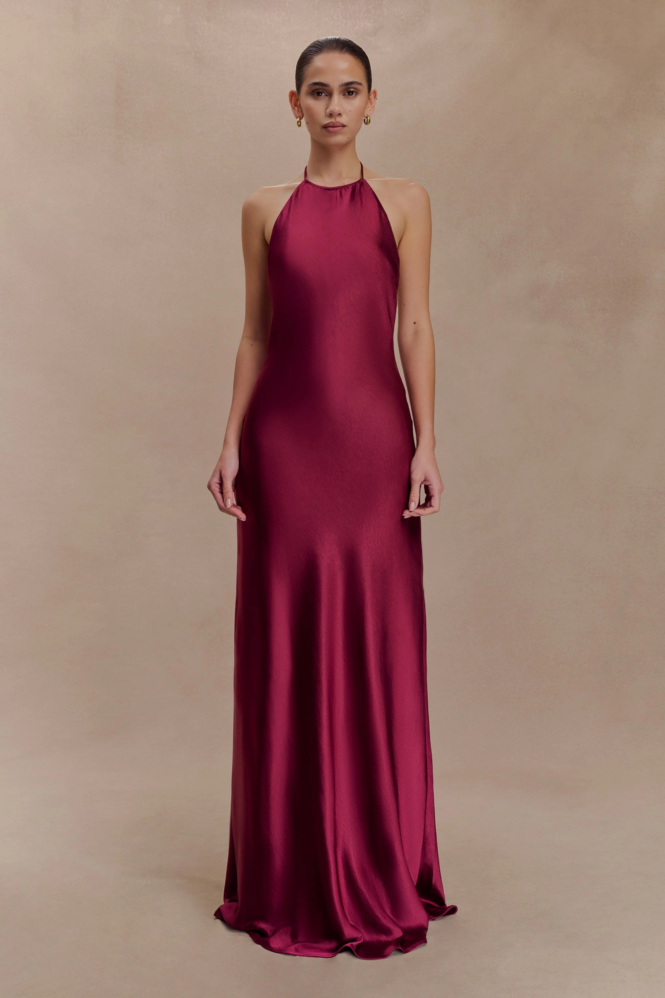 Bella Satin Halter Maxi Dress Mahogany
