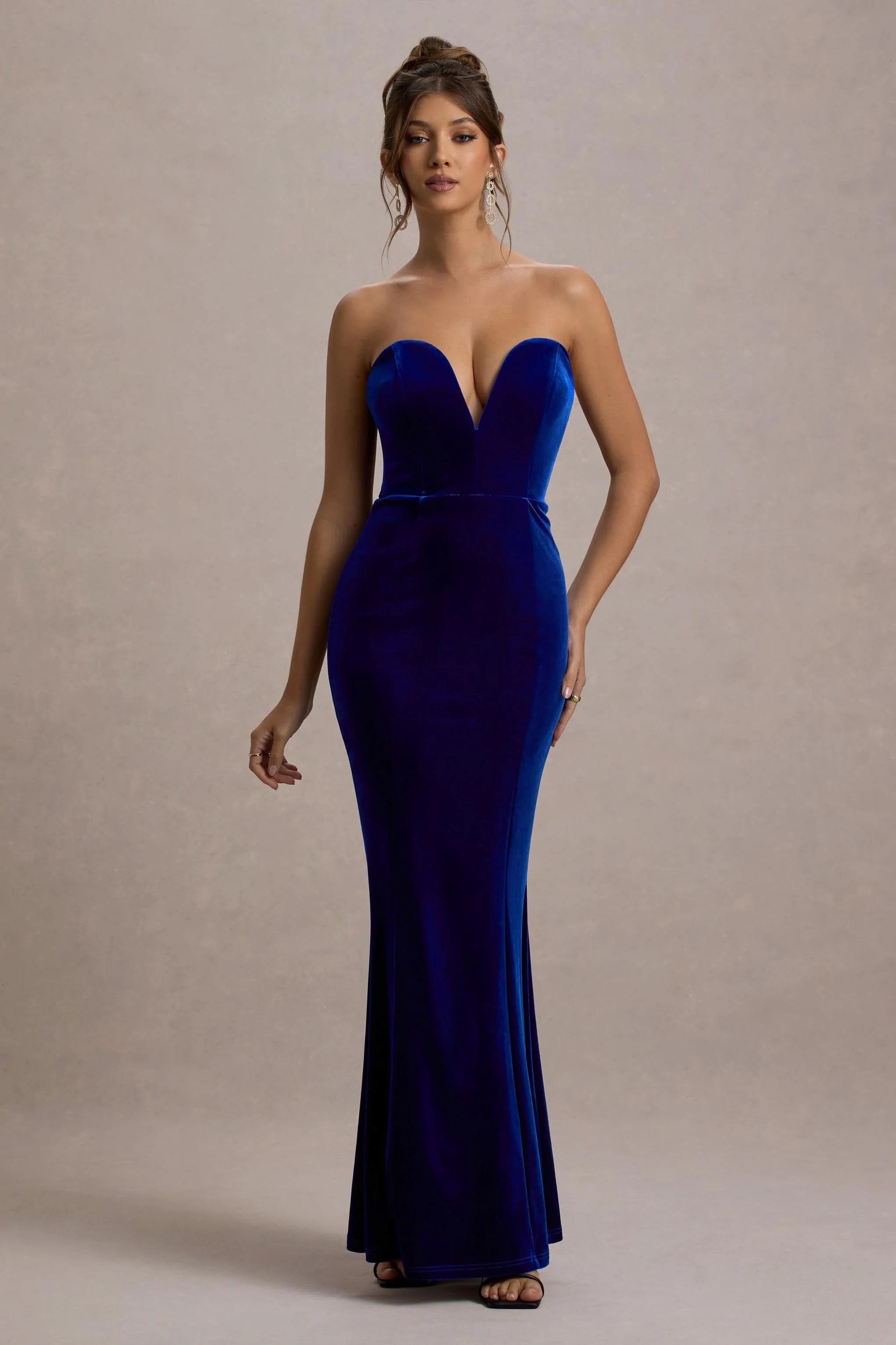 Pacifica Cobalt Velvet Plunge Neck Strapless Maxi Dress