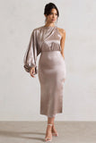 Nola Taupe Satin One Sleeve Midi Dress