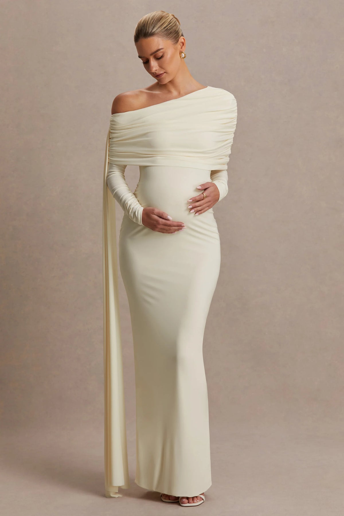 Cyra Cream Asymmetric Neck Maternity Maxi Dress With Sash
