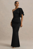 Unforgettable Black Asymmetric Neck Maxi Dress With Ruffled Detailing