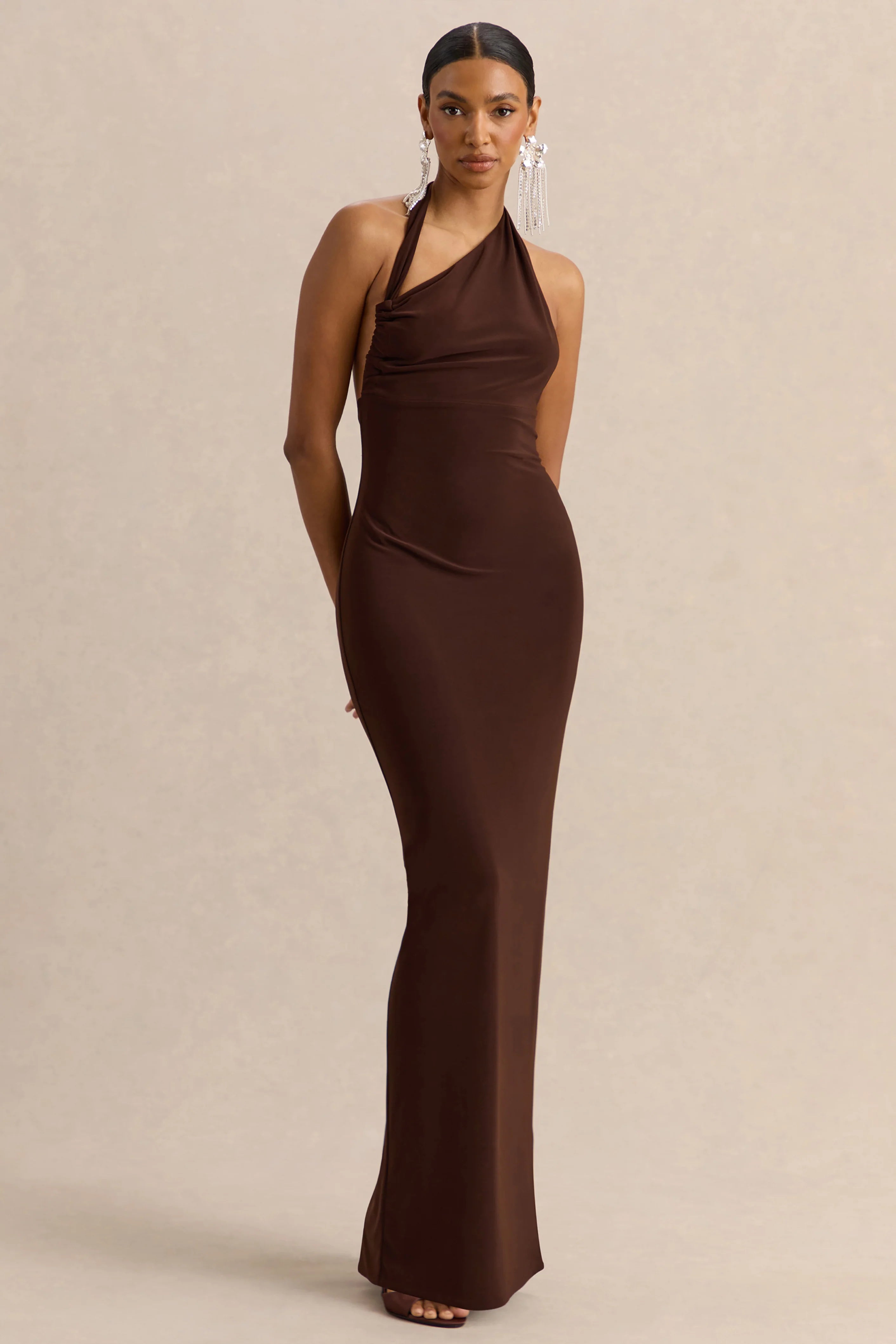 Delisse Brown Asymmetric Neck Maxi Dress