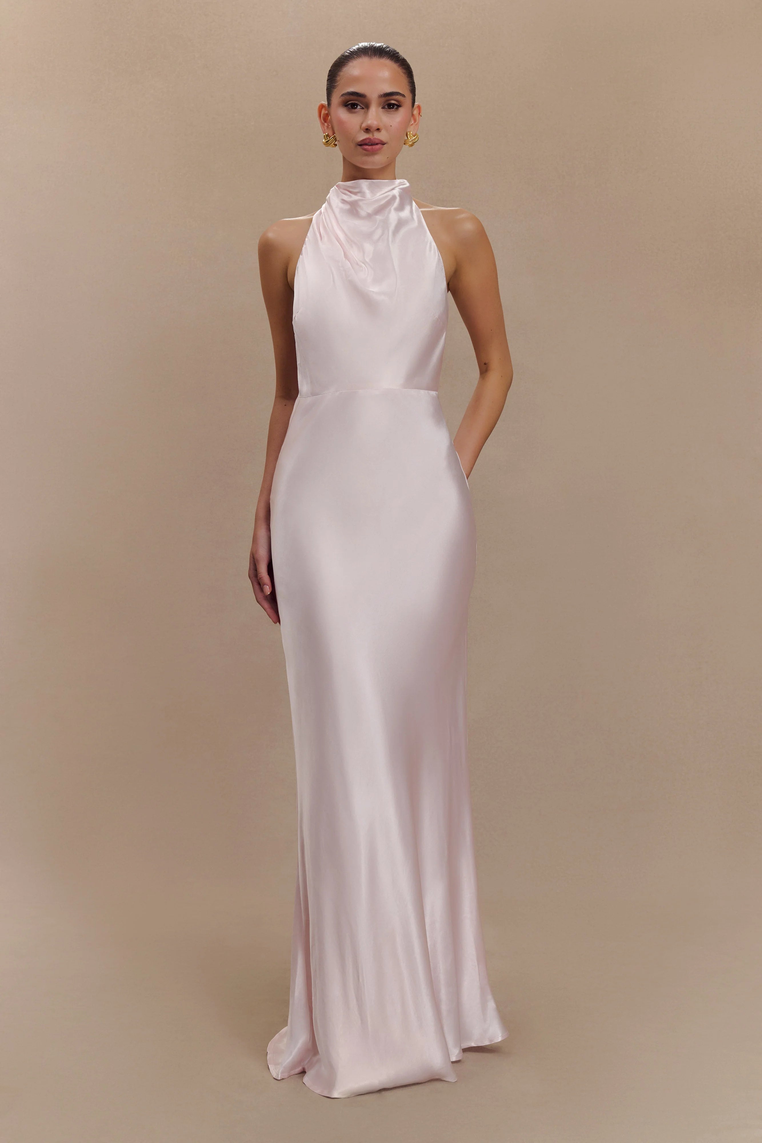Esther Iridescent Satin Cowl Maxi Dress Pale Pink