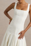 Magnolia White Scoop Neck Midi Dress With Drop Waist And Ruffling Detail