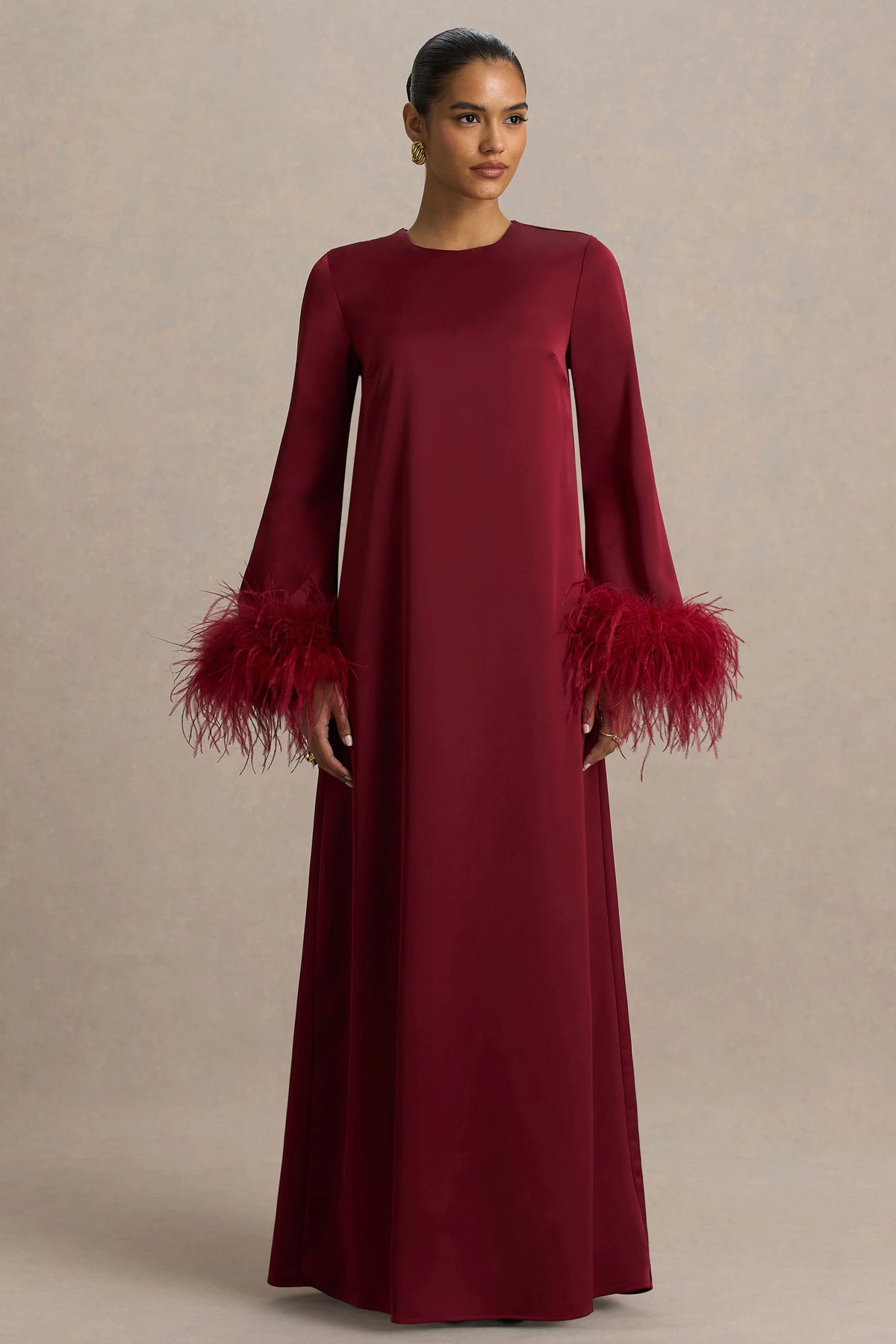 Adella Burgundy Satin Feather Trim Maxi Dress